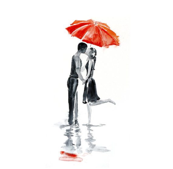 couple kissing underneath the red umbrella