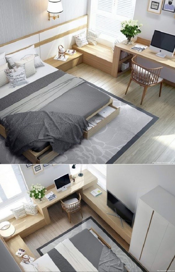 white and gray small bedroom