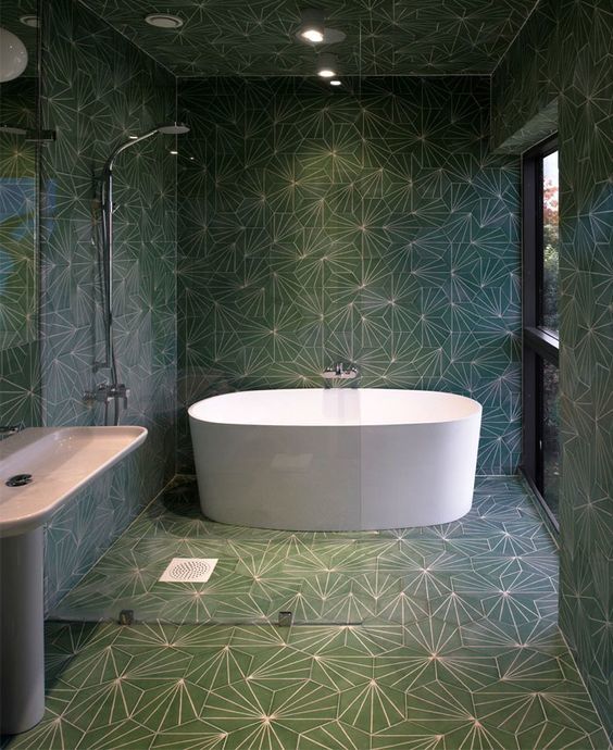 bathroom with geometric tiles on walls, floor and ceiling