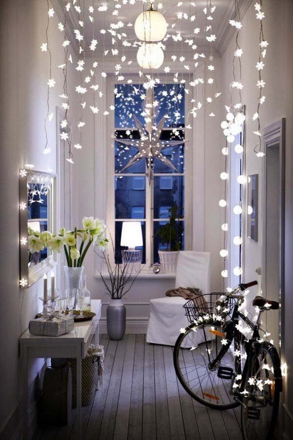 a room lit with string lights
