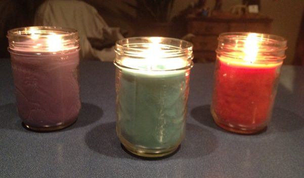 candle jars with colored wax